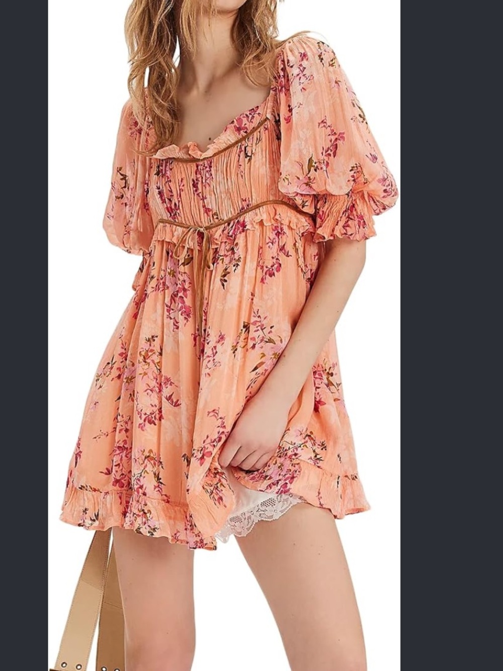 Free People Marney Peach Floral Puff Sleeve mini Dress